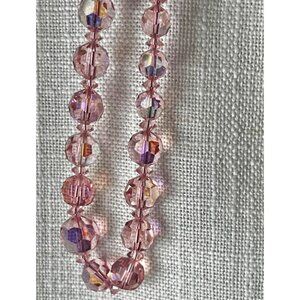 Pink Aurora Borealis Faceted Glass Bead Necklace 18" L Vintage